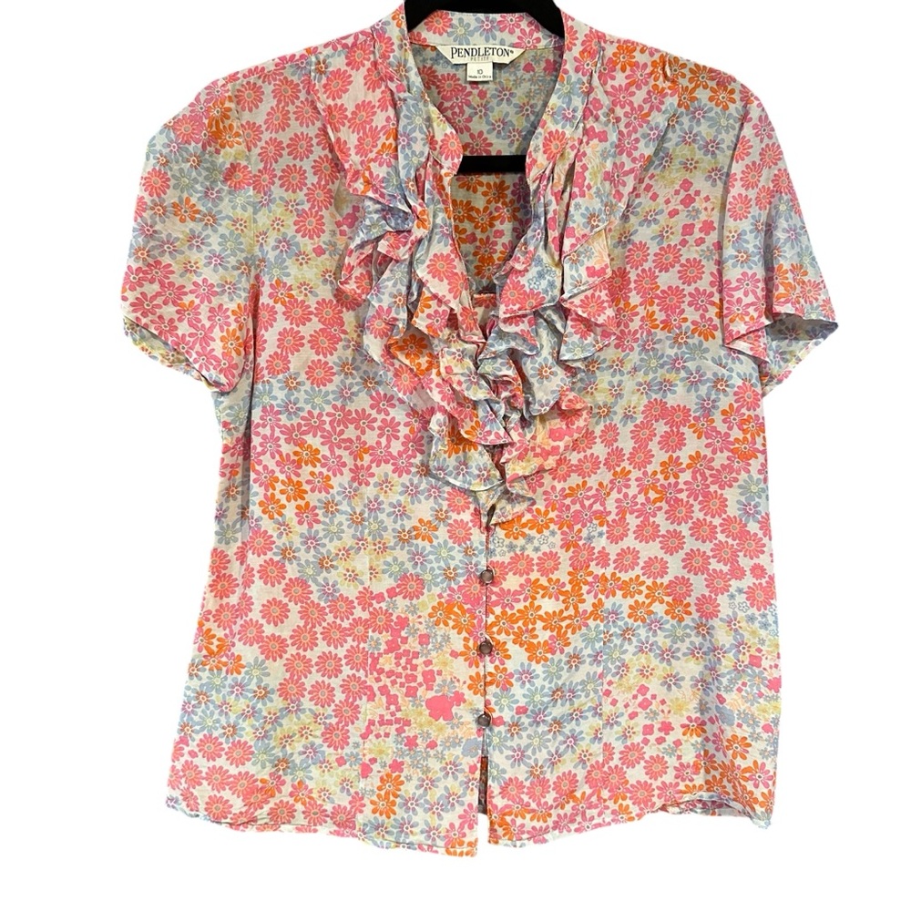 Pendleton Floral Ruffle Blouse silk blend short sleeve button up size 10P